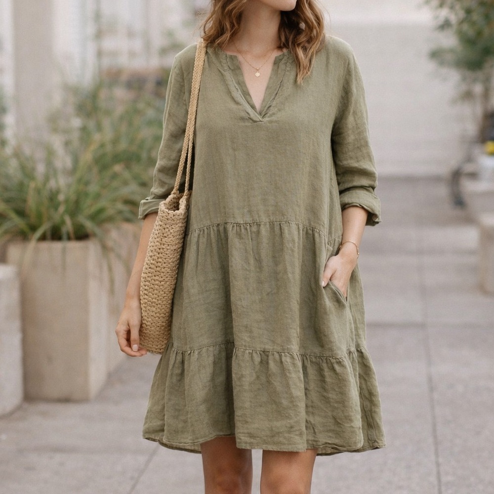 100% Linen Olive Green Tiered Dress Small Oversized Boxy Empire Babydoll Boho